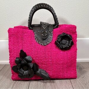 Pink Woven Handbag with Black Floral Accents